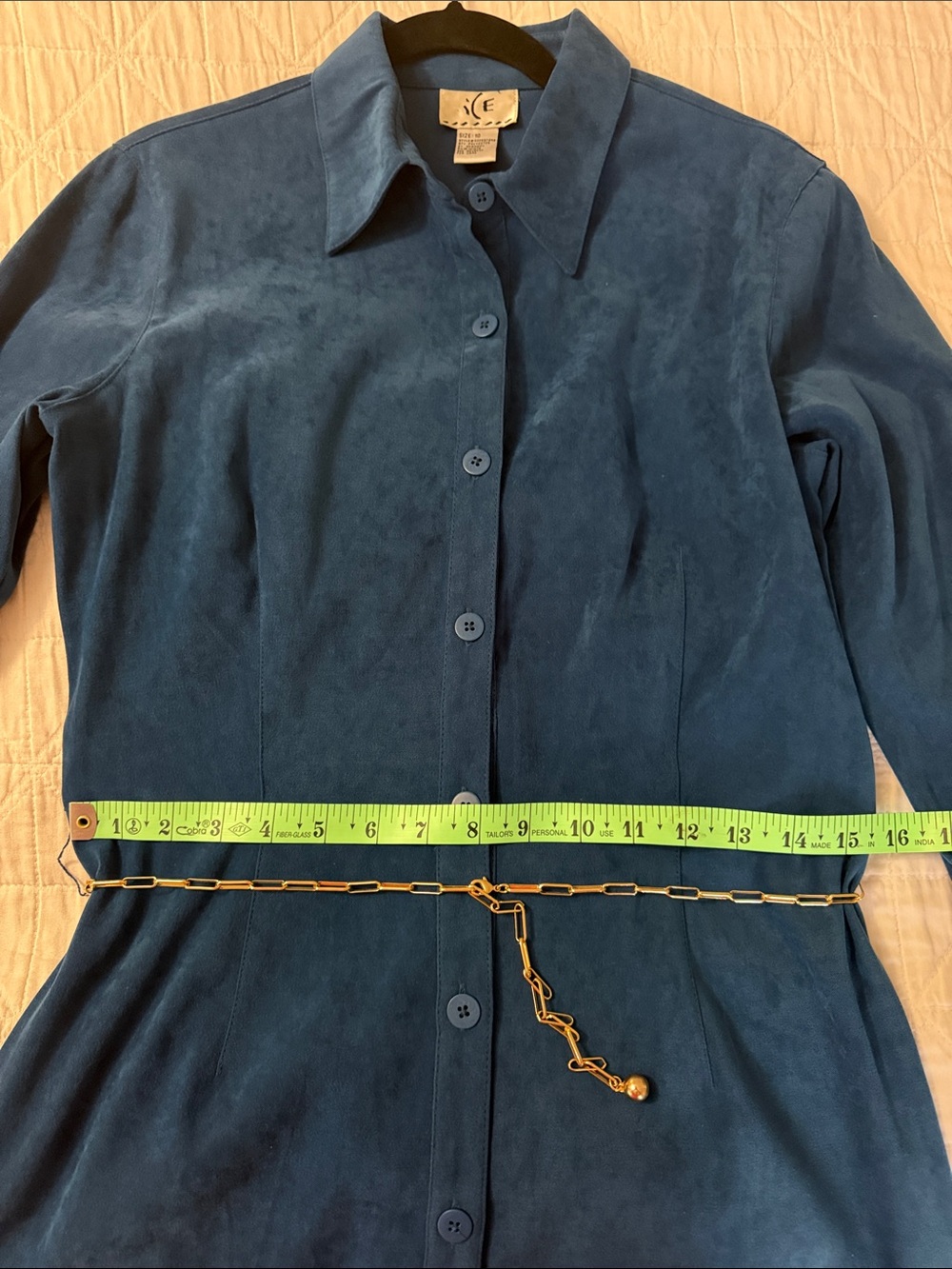 iCE Brand Vintage Teal Blue Button-Front Long Sleeve Dress with Chain Belt - 10 - Picture 6 of 8